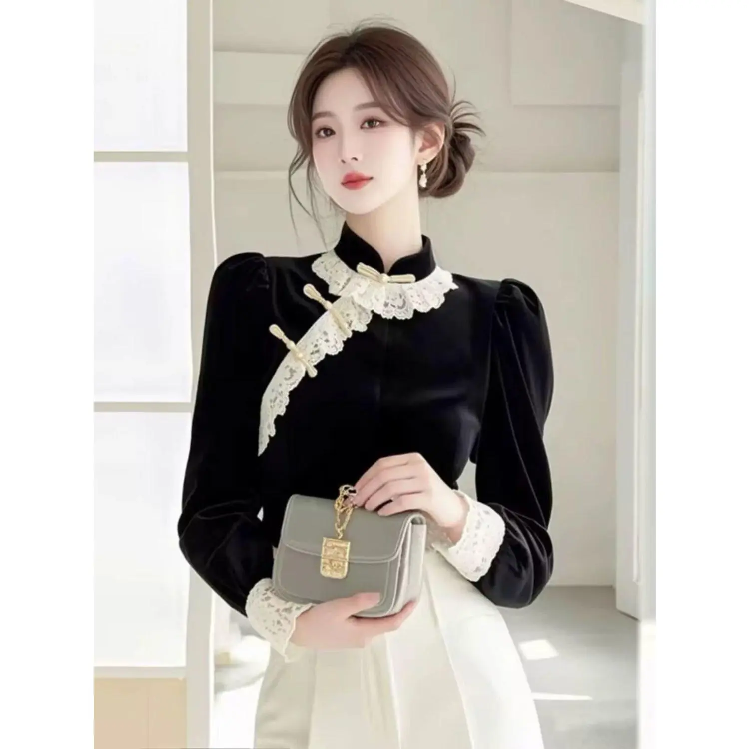 Áo Sơ Mi Nhung, Khâu Ren Kiểu Pháp, Dành Cho Nữ, Mùa Đông, Cao Cấp, Khóa Bên Trong, Siêu Đẹp, Thời Trang, Áo Trên