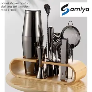 shaker boston stainless set wooden rack 11 pcs /paket shaker cocktail lengkap free rak holder kayu / bartender tools shaker color