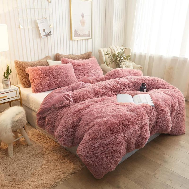 Solid Color Fluffy Duvet Cover Set, 3 Counts/set Soft Comfortable Duvet Cover & Pillowcase without Filler, Bedroom Accessories, Christmas Decor Warm Cozy Plush Bedding Set for Home Bedroom, Bedding Supplies, Christmas Gifts, Christmas Decorations 4