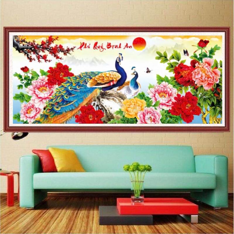 Mẫu 2024, TRANH THÊU KÍN PHÚ QUÝ BÌNH AN ĐÔI CÔNG ĐẸP 115X52CM 8036  Handmade Làm Đồ Handmade Thêu Chữ