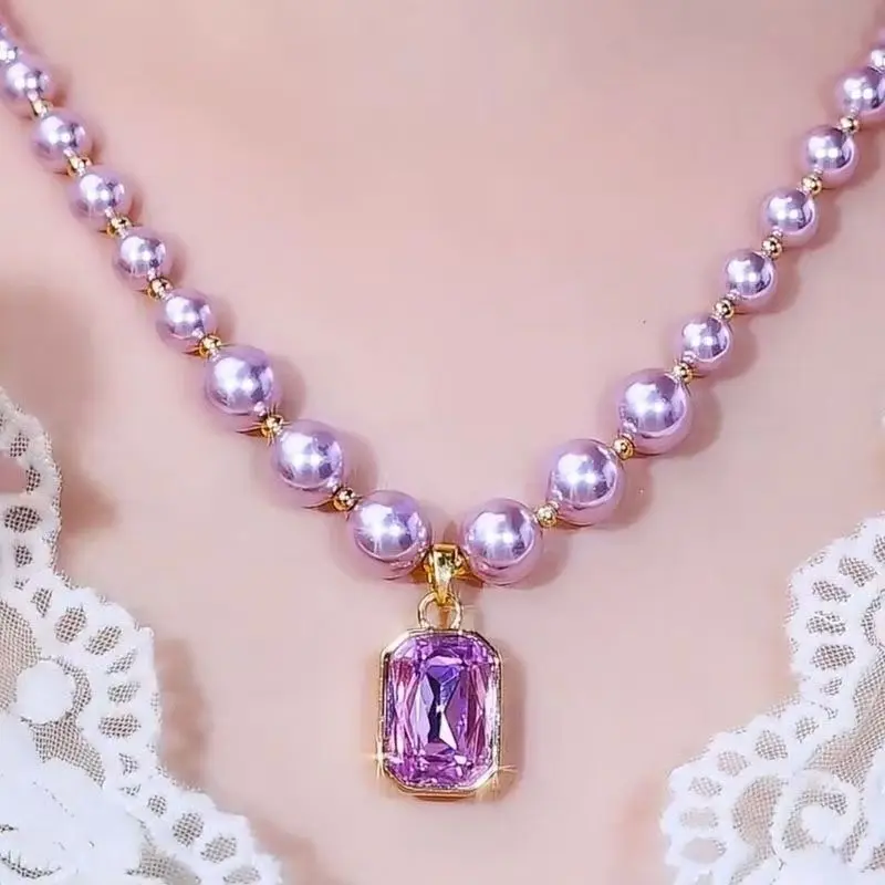 Vòng Cổ Khối Pha Lê Vuông, Ngọc Trai Tím Mới, Dây Chuyền Xương Đòn Cổ Tích Zixia Đơn Giản, Dây Chuyền Áo Len Hoang Dã Thanh Lịch