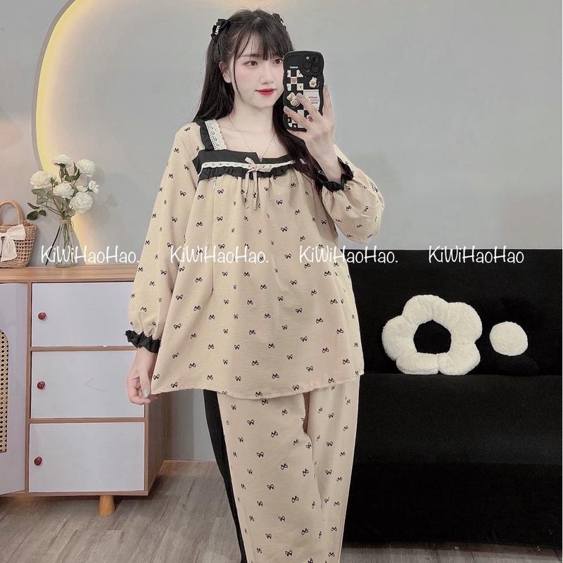 Bộ bầu - bộ sau sinh - BỘ ĐŨI NHĂN DÀI HÌNH NƠ CỔ VUÔNG REN - 2 Màu,áo có khóa kéo hai bên,quần có chun chỉnh Tiện Lợi 2