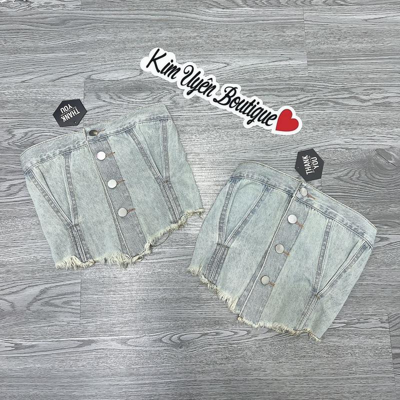 Áo ống jeans cup ngắn màu dơ bụi A55 Cổ tròn-KIM UYÊN BTQ