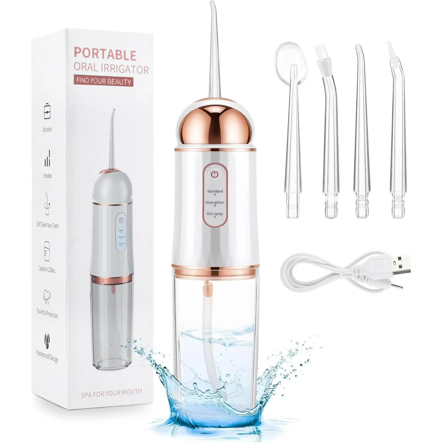 Portable Rechargeable Water Flosser, 1 Box 3 Modes Waterproof Oral Irrigator with Accessories, Water Dental Care Flosser, Teeth Cleaner for Home & Travel