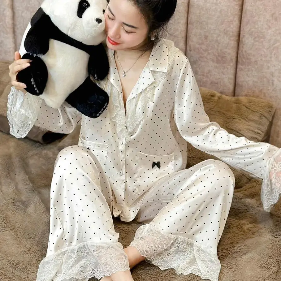 Pyjama - Julia - Chấm bi phối ren, màu hồng/be - Chất lụa mềm mại, thoáng mát 150 160 Top Women Áo Kem đồ  ngủ Voi