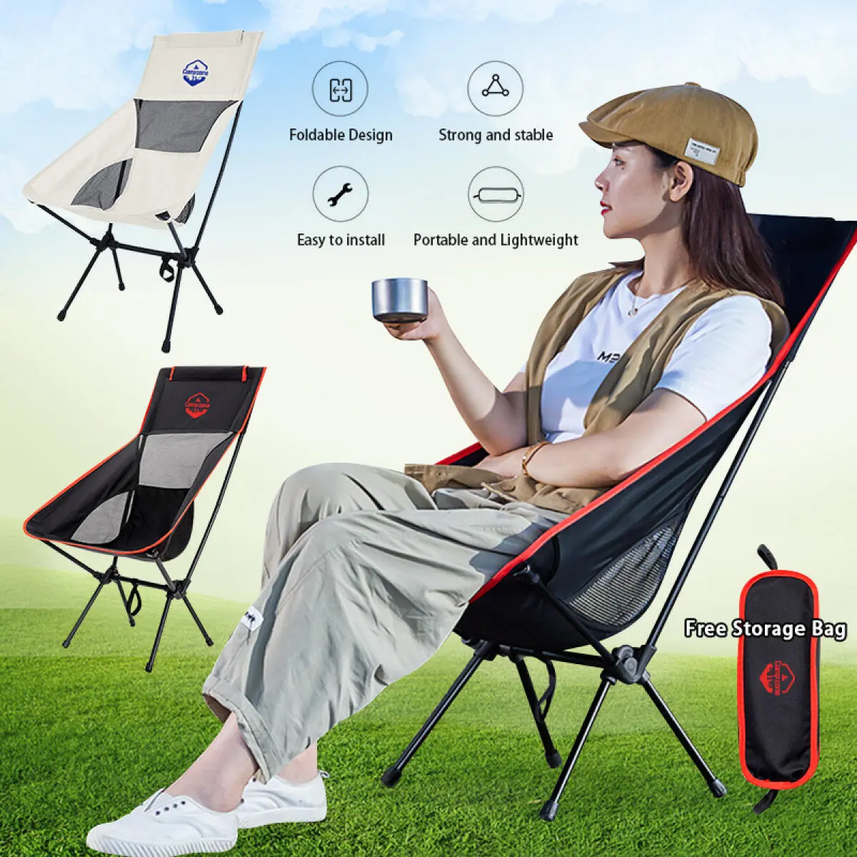 NEW Outdoor Camping Chair Portable Folding Moon Chair Outdoor Ultralight Low/High Back Foldable Beach chair with Bag for Camping