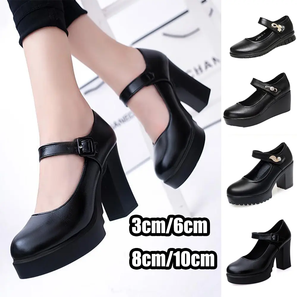 Fashion Womens Black Casual Leather Shoes OL Style Work Shoes With Different Heels(Add 1 size)