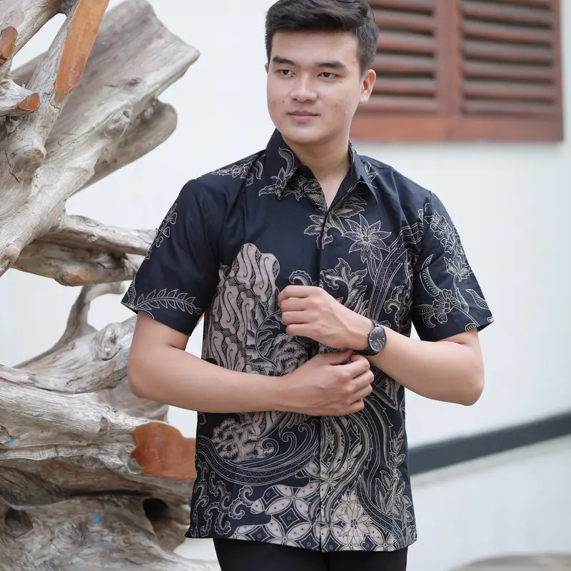 HAMENGKU Kemeja Batik Pria Original Solo Lengan Pendek Terbaru Motif Terlaris Lapis Furing katun panjang baju Slimfit Hem Ungu 4