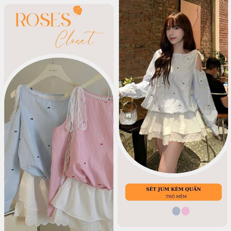 (Tặng Quần) Váy Kẻ Sọc Lệch Vai Cột Nơ Ren Mix Bèo Tầng, Cổ Thuyền Phối Tay Bồng Phong Cách Trẻ Trung Women Nữ