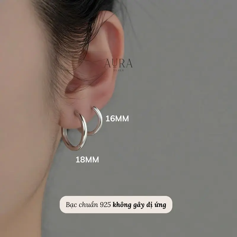 Khuyên tai tròn nam nữ bạc 925, bông tai tròn chốt bấm Hoop size 14-16-18mm-AURA SILVER-KT05 3
