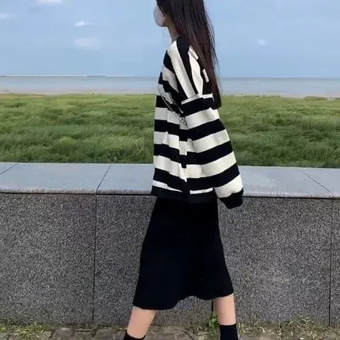Bộ Đồ Hai Mảnh Cho Nữ, Phong Cách Hồng Kông, Váy Nỉ Sọc Dáng Rộng Mỏng, Thích Hợp Cho Mùa Xuân Và Mùa Thu, Bộ Đồ Một Mảnh, Phong Cách Hàn Quốc Women Áo