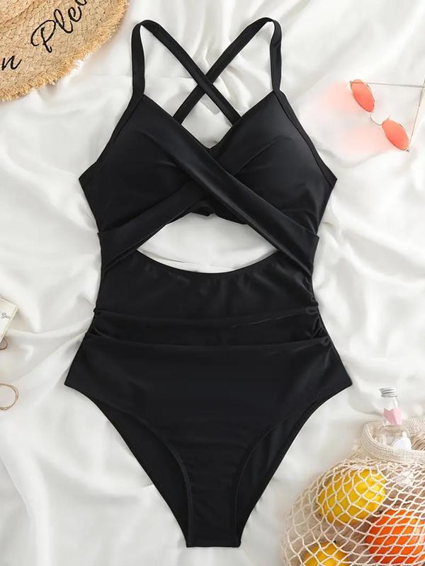 Women's Colorblock Print Criss Cross Cut Out Ruched One-Piece Cami Swimsuit, Casual Chic Sweetheart Neck Tie Back Sleeveless Swimwear, Ladies Summer Swimsuit for Beach Holiday Vacation 7