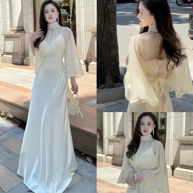 ( VÁY + ÁO CHOÀNG ) - Váy Lụa Dự Tiệc Hai Dây Cổ V Dáng Dài Chạm Gót Chất Mềm Mịn Lót Đúp Phong Cách Sang Trọng Nhẹ Nhàng Dành Cho Nữ - TV480 Kem Sen Dress Voi Women