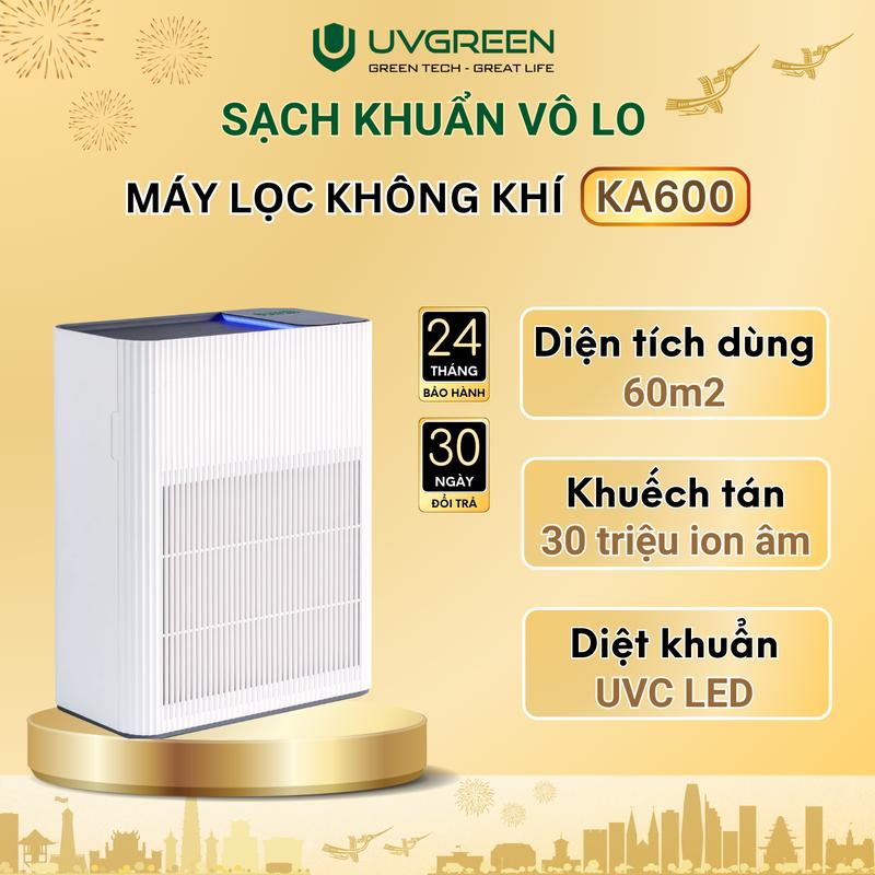 Máy Lọc Không Khí Diệt Khuẩn UVGREEN KA600 60m2 - Công Nghệ UVC LED Và Ion Âm Hiện Đại, Làm Sạch Không Khí Phòng Ngủ, Bộ Lọc HEPA H13 Air Purifier Chống Vi Khuẩn, Lọc Sạch Bụi Mịn, Lông Tóc, Mùi Thú Cưng