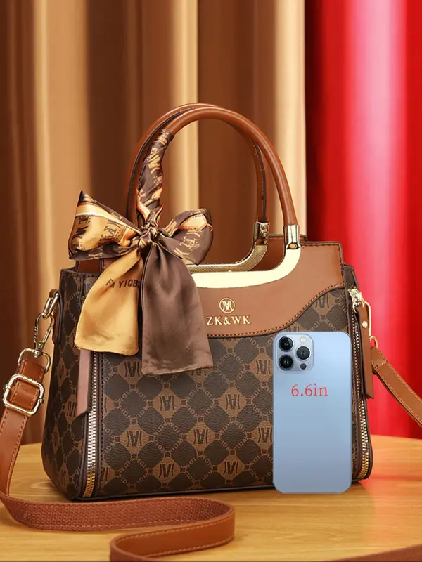 Women's Fashionable Geometric Pattern Handbag, Casual PU Leather Zipper Shoulder Bag for Daily Used, Trendy Versatile High-quality Daily Commuting Bag 4