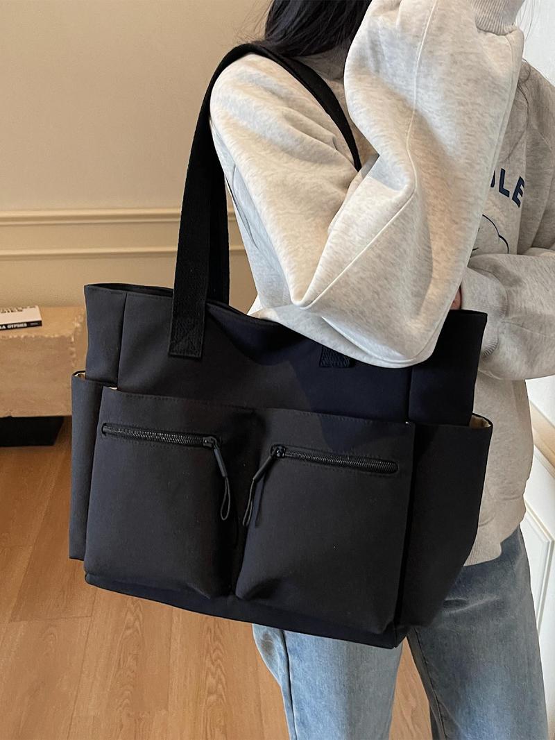 Product Introduction of Women's Solid Color Zipper Handbag, Large Capacity Multi-pocket Design Tote Bag, Casual Versatile Shoulder Bag for Daily Used 3