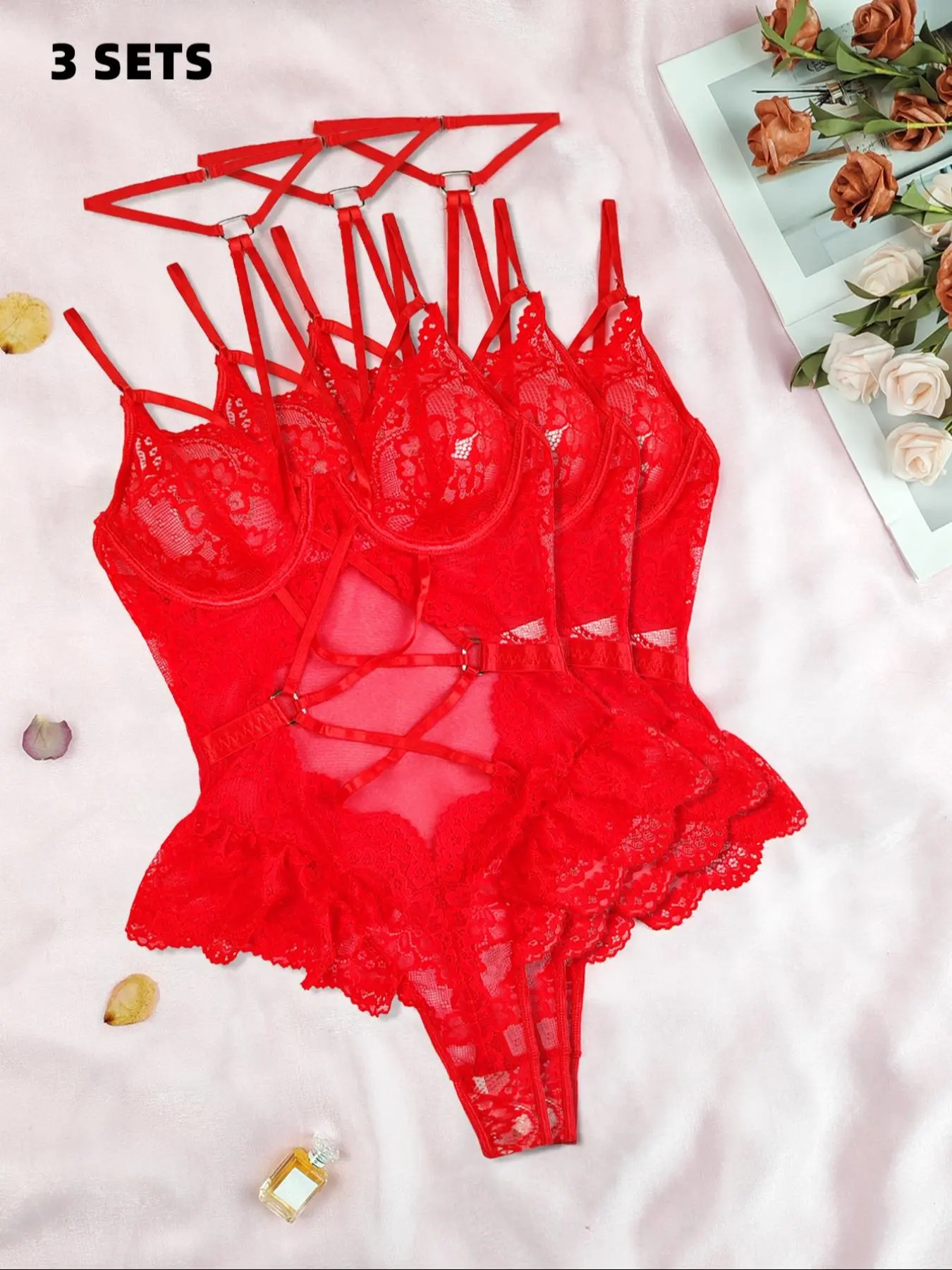 Women's Solid Lace Sexy Lingerie Three-piece Set, Push Up Bra & Thong & Garter Belt Set, Lingerie Set for Women