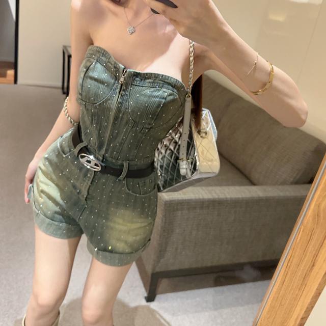 Áo Jumpsuit Quần Denim, Áo Ống, Trang Phục Mùa Hè Cho Nữ, Dễ Thương Và Gợi Cảm, Cô Gái Nóng Bỏng Gợi Cảm, Cỡ Nhỏ Bộ Đồ Ngắn Ống Rộng Chữ A, Thời Trang Nữ 6
