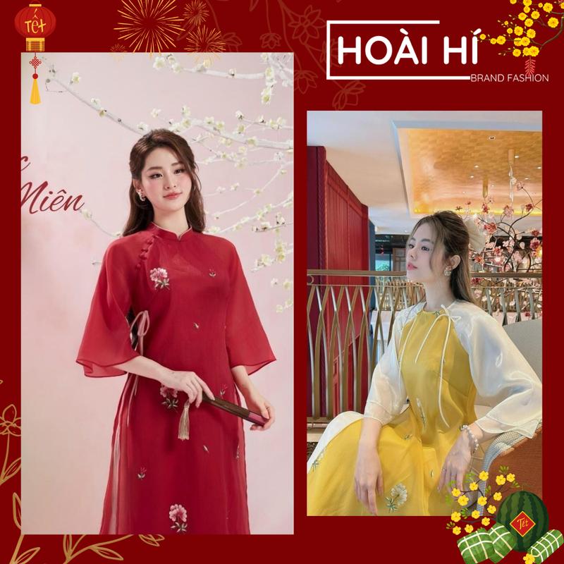 Áo dài cách tân tơ thêu hoa cánh quạt Mộc Miên 2 màu đỏ vàng áo dài Tết Nữ Women