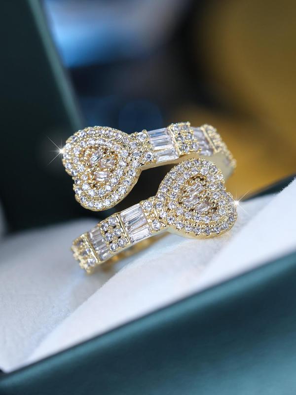 Fashion Heart Design Rhinestone Decor Cuff Ring, Elegant Trendy Simple Luxury Rings Jewelry for Daily Wear, Fashion Accessories for Women, Valentine's Day, Gift 0