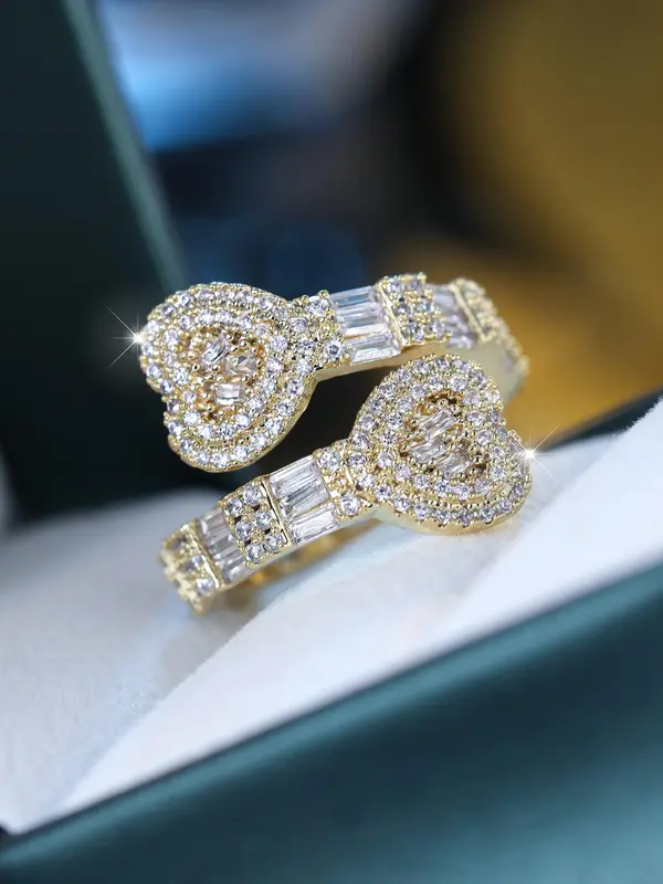 Fashion Heart Design Rhinestone Decor Cuff Ring, Elegant Trendy Simple Luxury Rings Jewelry for Daily Wear, Fashion Accessories for Women, Valentine's Day, Gift 0