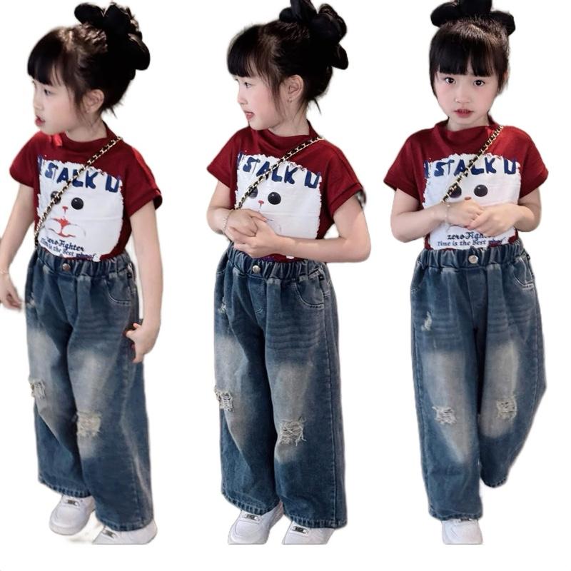 Bộ Quần Jean dài kèm Áo tay ngắn MỘC BABY STORE D37 cho bé gái 10-35kg