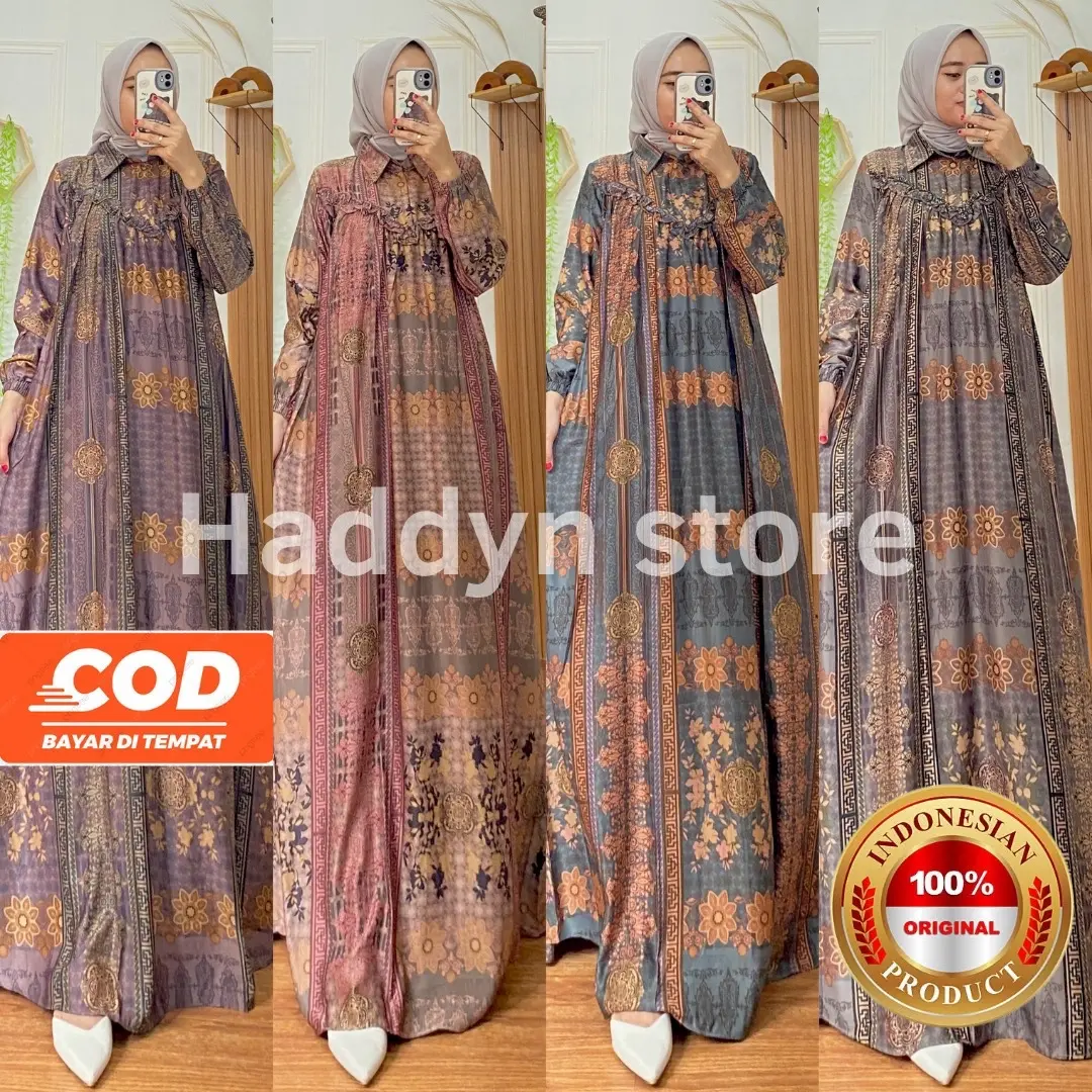 (Jumbo Ready )Gamis Motif Terbaru Bahan Silk /Gamis  silk Motif /Gamis motif batik  Terbaru Gamis Muslim Wanita Dress Rempel Panjang Kantong Kotak