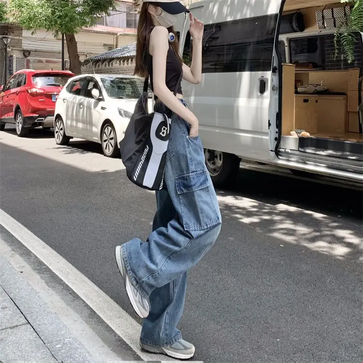 Celana Kerja Jeans Wanita Dengan Tali Serut Dan Banyak Kantong Denim Fit 5