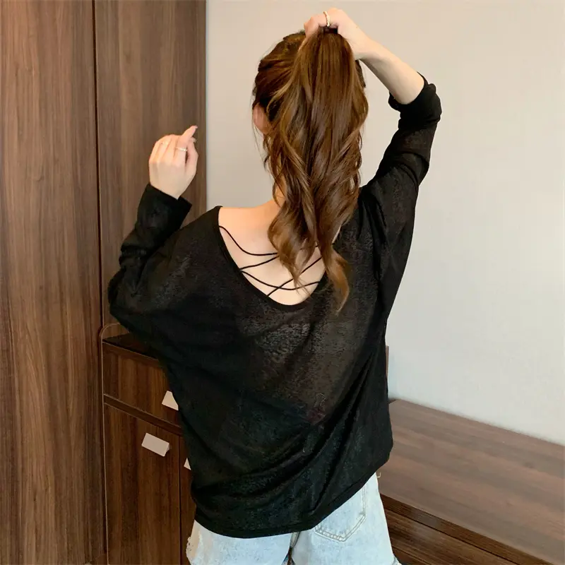 Áo Cánh Máy Cẩn Thận Hở Lưng Mỏng, Áo Cánh Joker Dáng Rộng Màu Trơn Gợi Cảm, Áo Chống Nắng Gió Lười Dài Tay, Thủy Triều Nữ