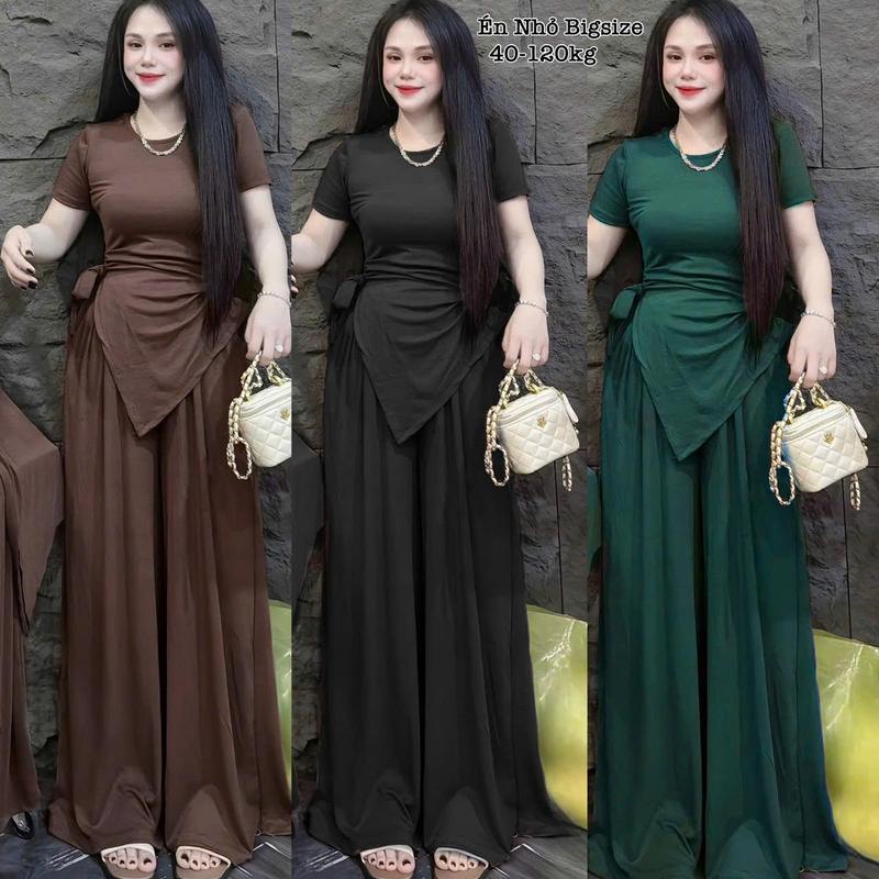 Set Bộ Dài Thun Tăm Bigsize Xinh Nhún eo Buộc Nơ Che Giấu Bụng Hot Hit Áo cổ tròn mix Quần ống suông Nữ 40-120kg 2482a