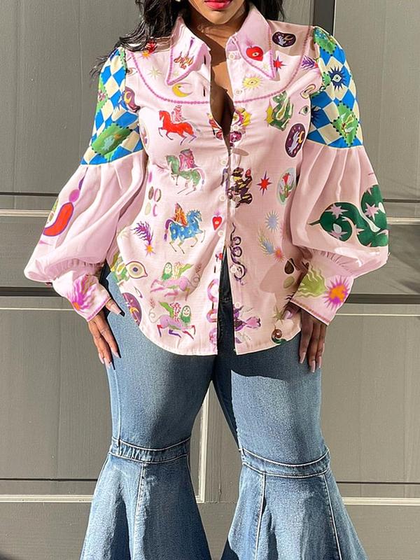 Plus Size Galaxy & Animal Print Button Front Shirt, Retro Lantern Sleeve Collared Top, Gift Set for Women, Women's Plus Clothes for Daily Wear 6