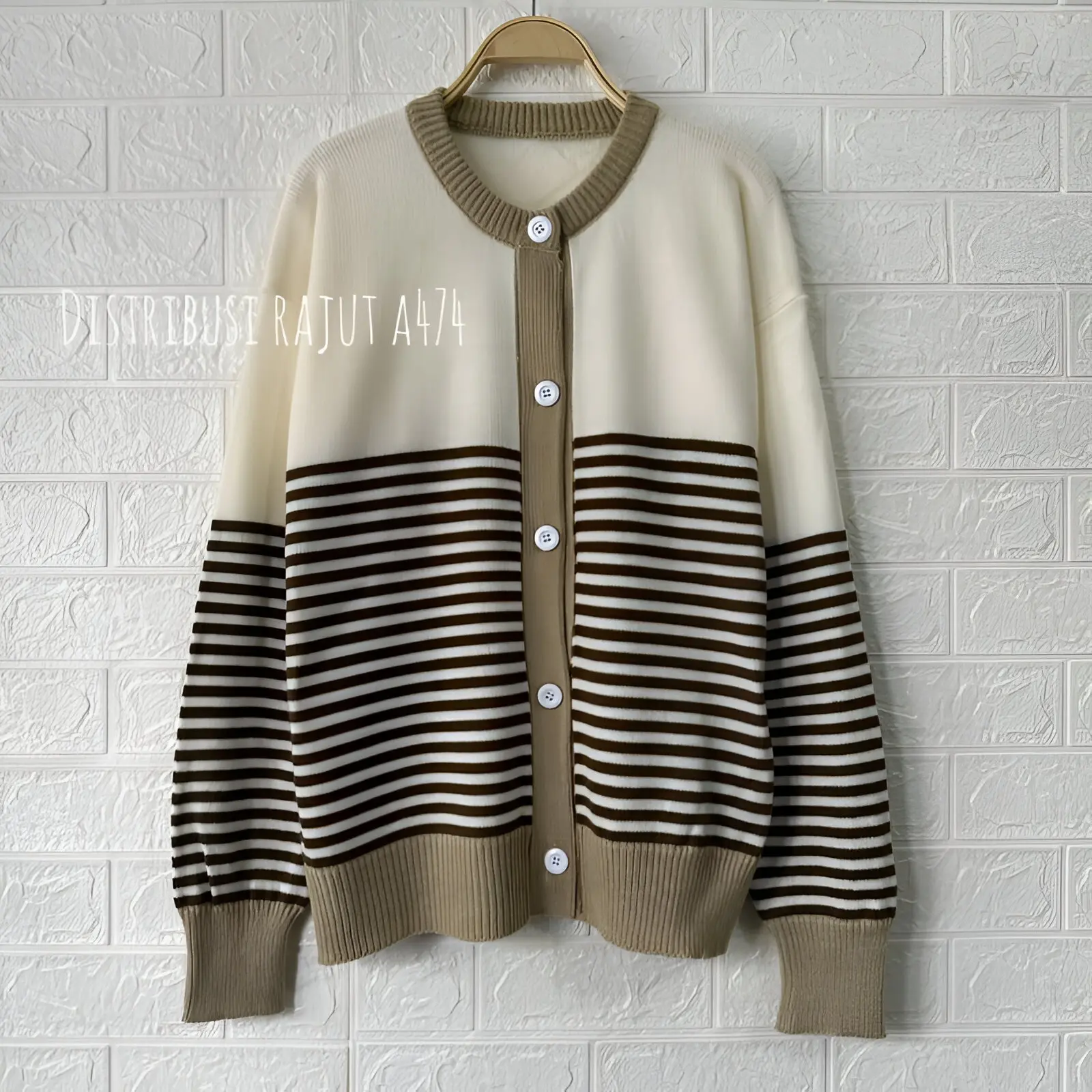 NOVA ASILLA STRIPE CARDY ATASAN CARDIGAN RAJUT KOREA MOTIF BLASTER KANCING WANITA Outer Baju Tangan