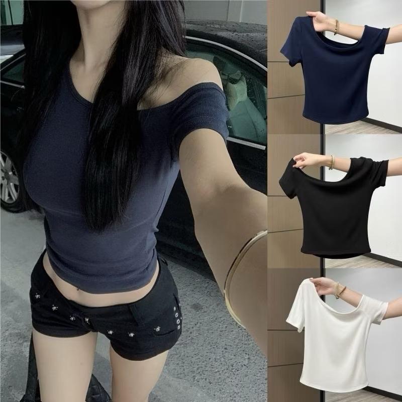   Có đủ size  Áo trễ vai lệch bên TAY NGẮN - Áo kiểu chất thun cotton borip co giãn 4c phong cách nữ ôm body tôn dáng Women Top 
