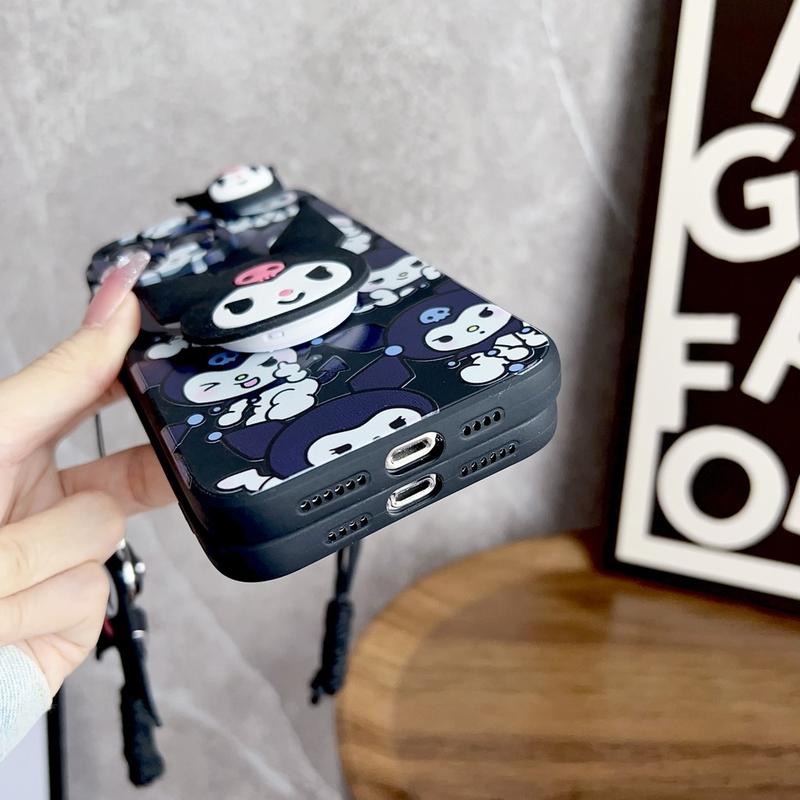 Product Introduction of 3D Cartoon Kuromi Toy With Lanyard Phone Holder Case For iPhone 16 15 14 13 12 11 Pro Max Plus Casing Soft Silicone Strap Rope Cover 18
