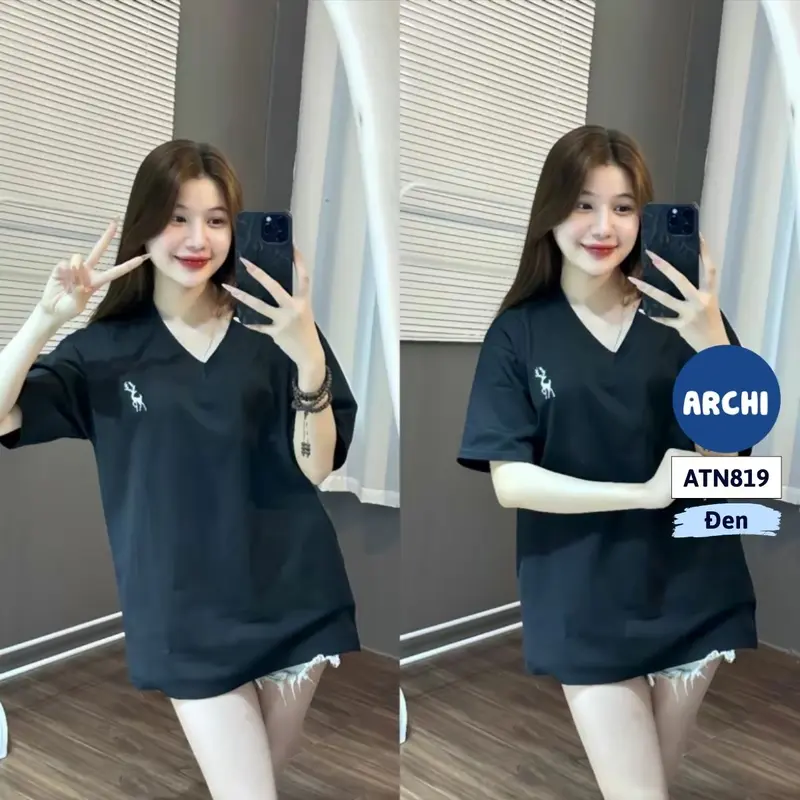 ATN819 Áo thun tay lỡ unisex cổ tim form rộng Archi 2