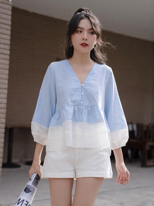 LIVE Áo babydoll AS2 lai áo và lai tay bèo, phối 2 đường ren thẳng cổ V AS2 Nữ Women Top