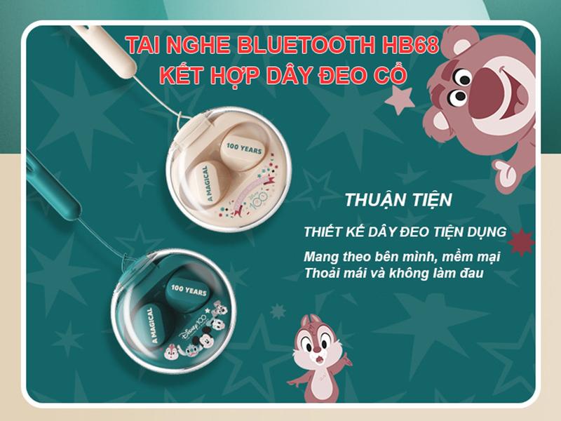 Tai nghe không dây Disney HB68 Bluetooth 5.3 , Có Dây Đeo , Cảm ứng, Thiết Kế Thời Trang Nhét Tai Nghe Nhạc Earphone Kem