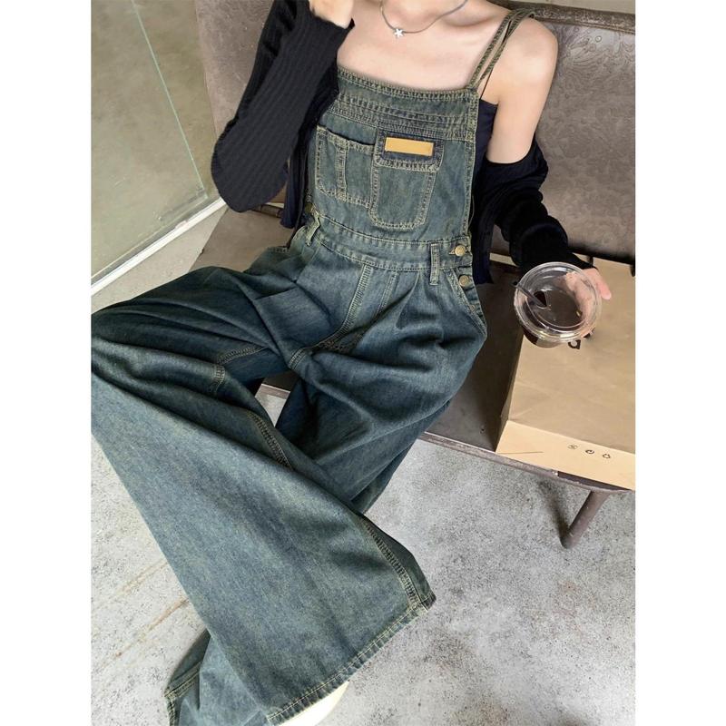Quần Yếm Denim Có Dây Đeo Cổ Điển Mỹ Phong Cách Instagram Dành Cho Nữ, Dáng Rộng Vừa Vặn, Thích Hợp Cho Mùa Xuân Và Mùa Hè, Hàng Mới Về, Áo Jumpsuit Quần Thường Ngày Quần Ống Rộng, Hợp Xu hướng, Phong Cách Hàn Quốc Women 4