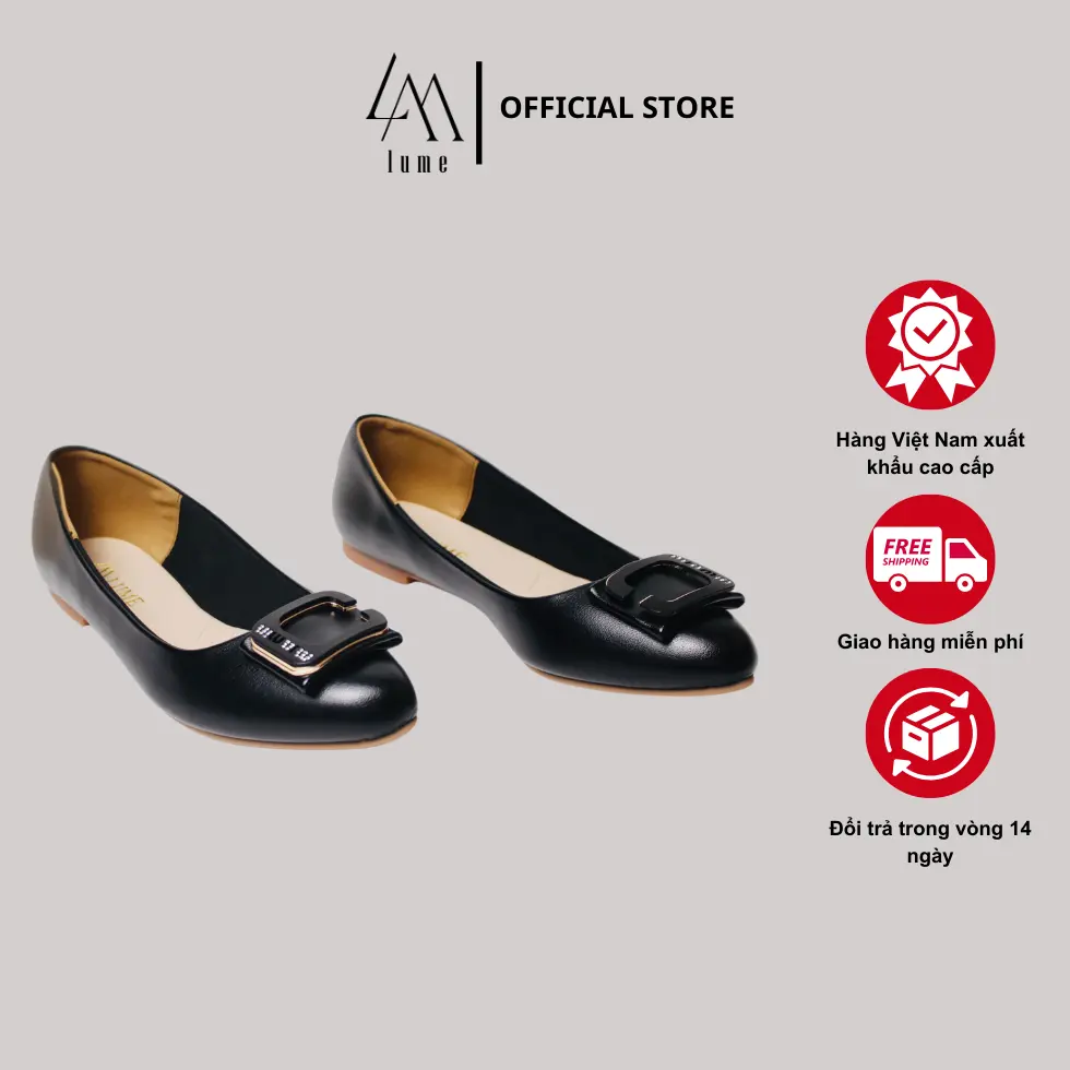 Giày BỆT nữ màu đen và kem Lume 10 mũi tròn da PU cao cấp, đế cao su non chống trơn trượt_ Shoes Women GiàY