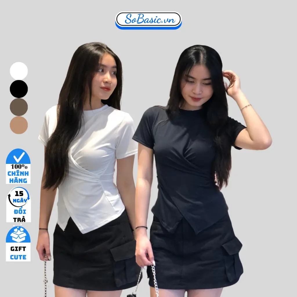 Áo thun cổ tròn tay ngắn thiết kế 2 vạt xoắn eo Sobasic kiểu nữ ôm body tôn dáng chất vải mềm mịn