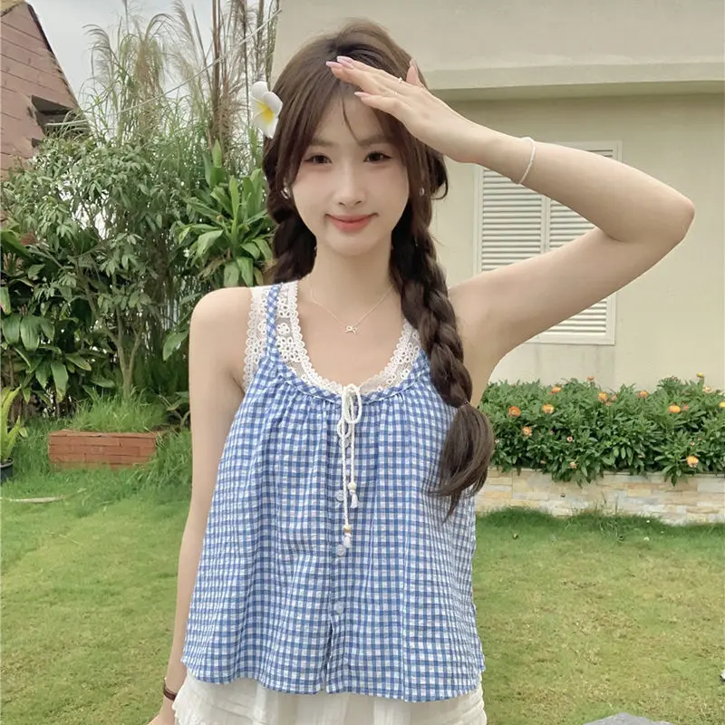 Áo Yếm Kẻ Sọc, Nhỏ Và Dễ Phối Đồ, Phong Cách Duyên Dáng, Khâu Ren, Không Tay, Áo Dáng Rộng, Hàng Mới Về Mùa Hè Cho Nữ 1