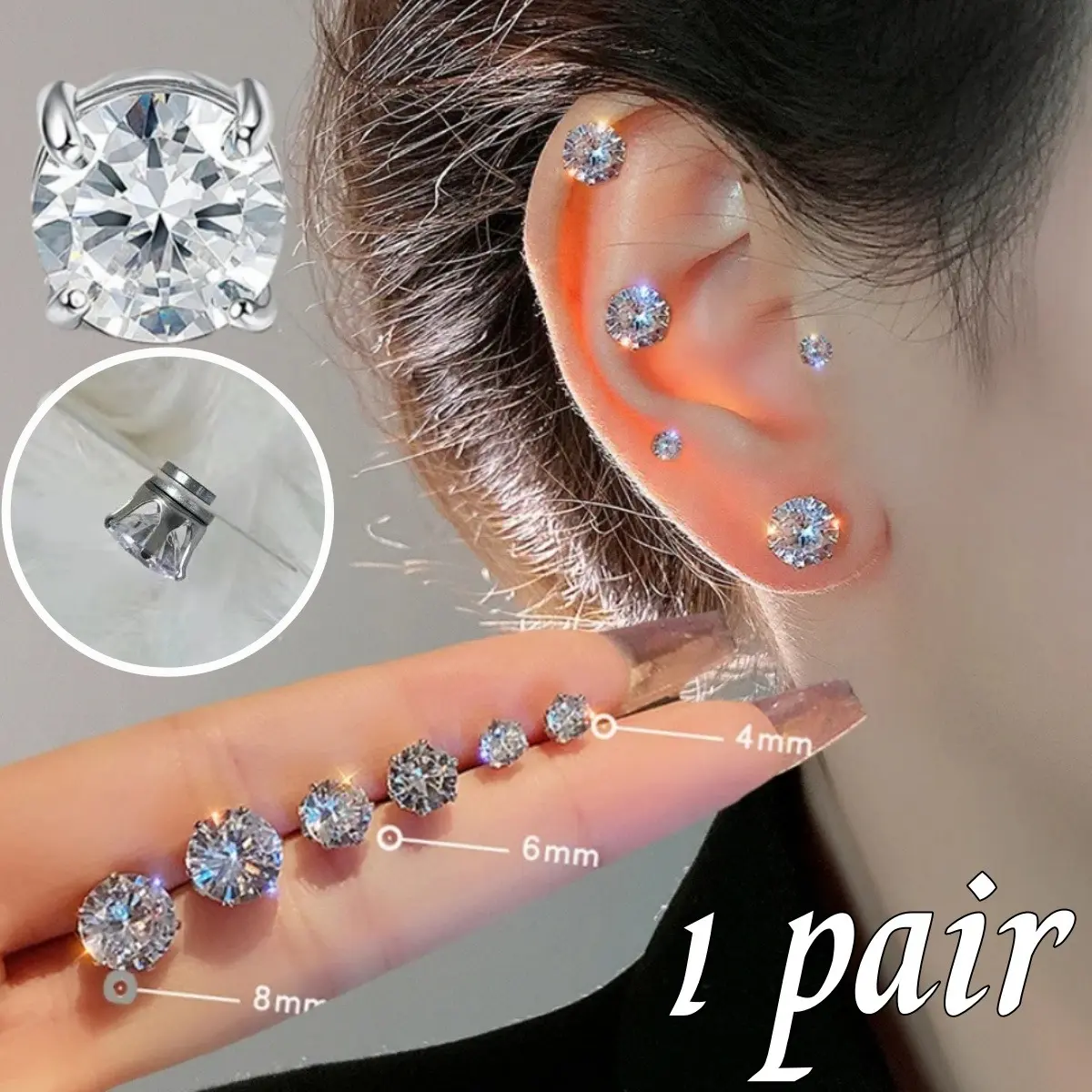 1 Pair 4/5/6/7/8mm Magnetic Ear Clips Without Piercing Exquisite Shiny Six-claw Round Drill Ear Bone Earrings Fashion Accessories