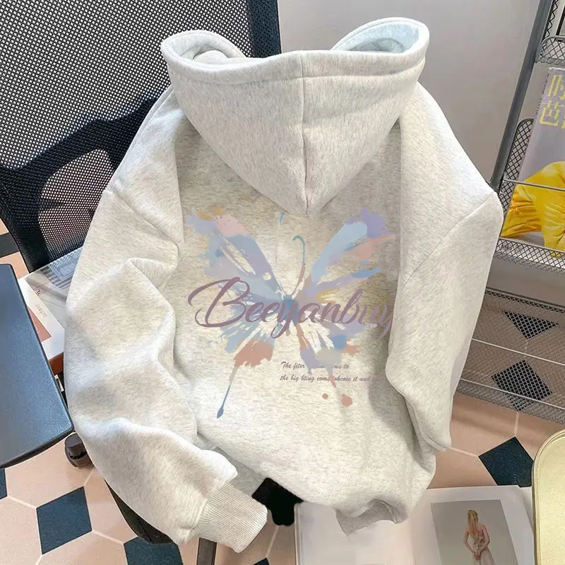 Áo Hoodie Màu Xám, Phong Cách Mỹ, Thiết Kế Độc Đáo Áo Len Có Mũ Màu Xám Nhạt, Dành Cho Nữ, Mùa Thu, Đệm Nhung, Dáng Rộng Vừa Vặn, Ngoại Cỡ, Áo Khoác Nhỏ Hợp Xu hướng Top Women