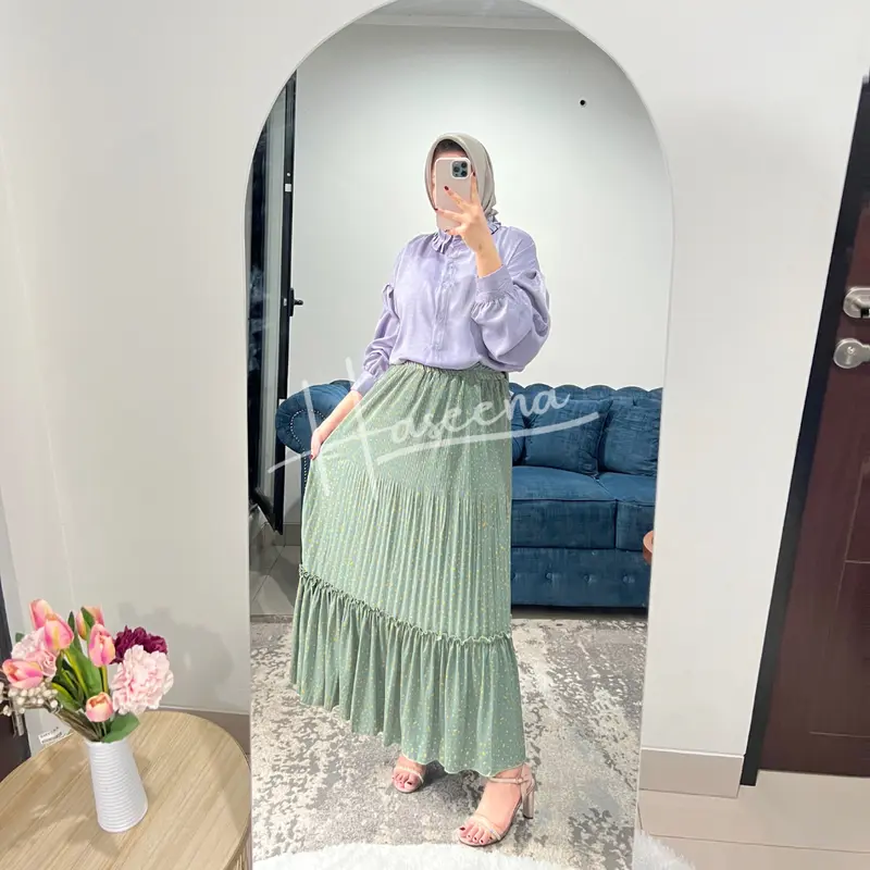 Haseena Rok Susun Rempel Plisket Zeina Motif Bintik Tabur | Bawahan Wanita Muslim Motif Polkadot Emas Mini Tabur Skirt Ruffle Panjang Jumbo 6