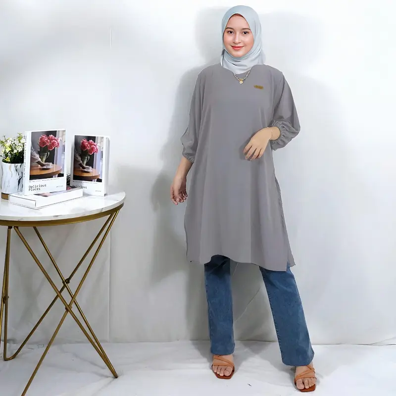 Atasan tunik crinkle polos tangan rempel karet 3/4 kancing belakang 1