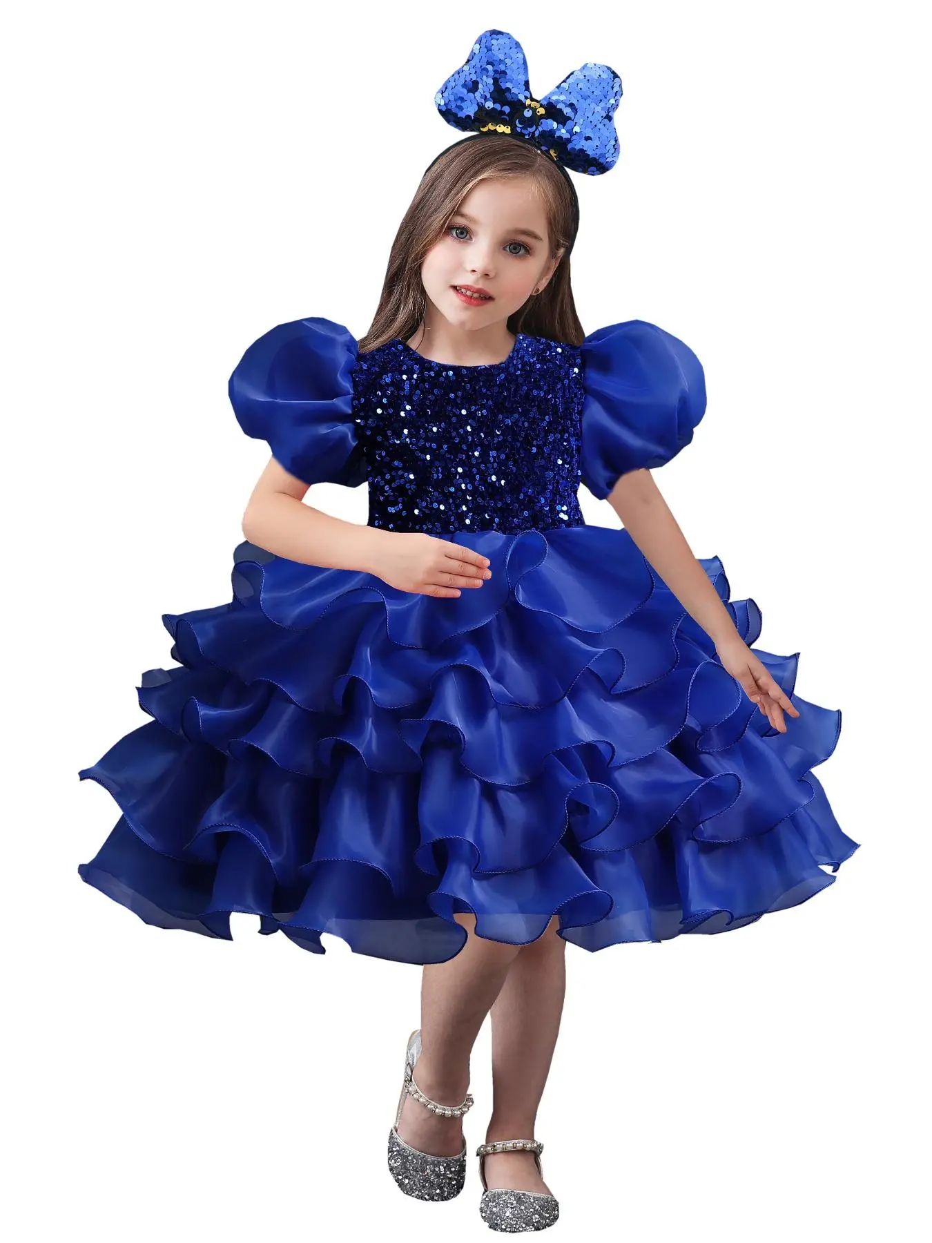 Two-piece Set Girl's Contrast Sequin Tiered Layer Fit and Flare Dress & Bow Decor Headband, Elegant Puff Sleeve Round Neck Party Dress & Headband Set, Kids Clothes for All Seasons