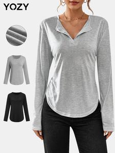 YOZY Women's Plain Button Front Long Sleeve Tee, Casual Round Neck Curved Hem T-shirt for Daily Wear, Ladies Clothes for All Seasons