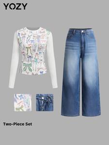 YOZY Women's Bow Print Round Neck Tee & Wide Leg Jeans Two-piece Set, Casual Fashion Cozy Top & Denim Pants for Daily Outdoor Wear, Ladies Outfits for All Seasons
