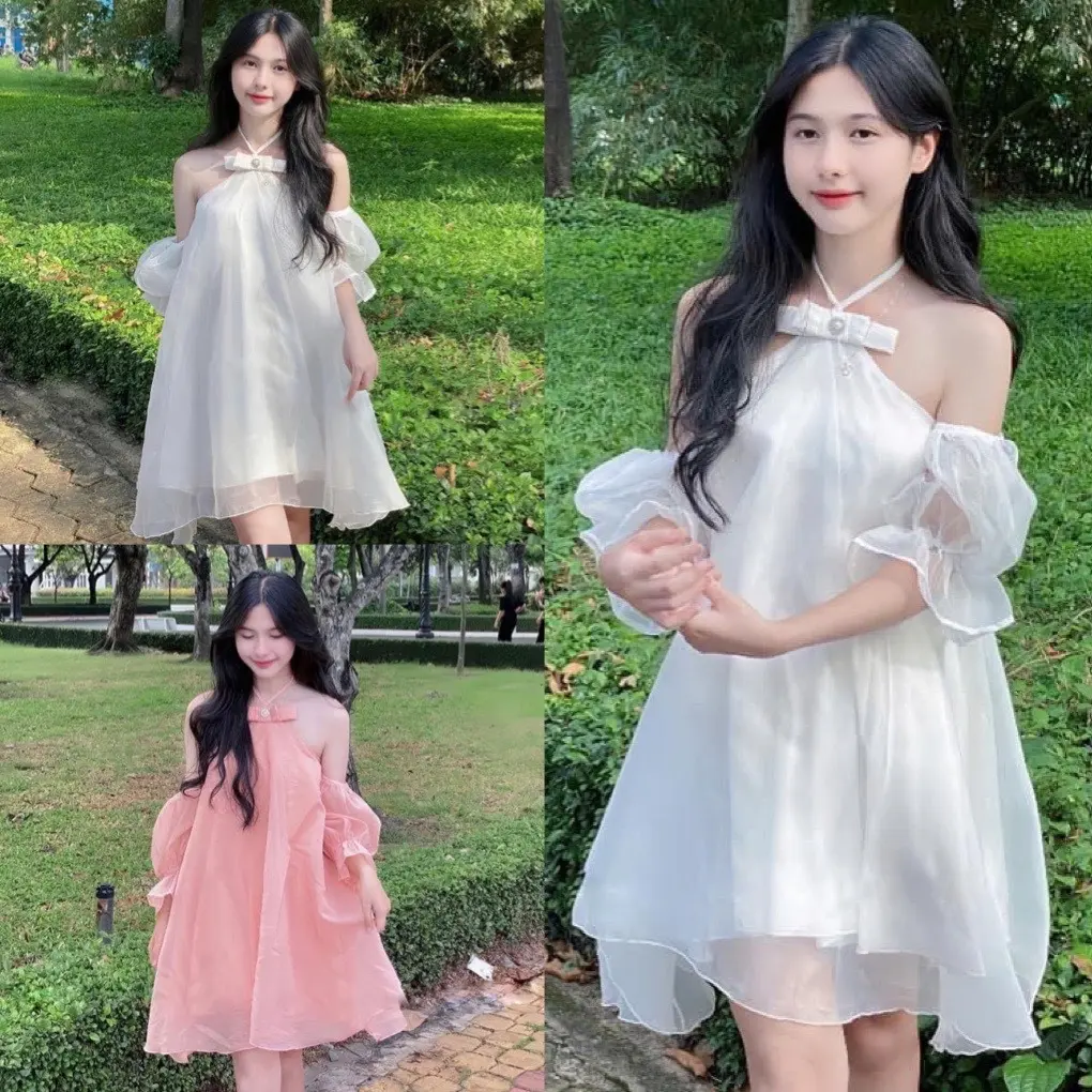Váy babydoll cổ yếm trễ vai tay bồng đính nơ ghim đá chất voan tơ 2 lớp hồng trắng, Đầm công chúa xoè suông dễ thương Nữ Voi Women Dress Lịch Nhung Tay Loe Màu Trắng Nho