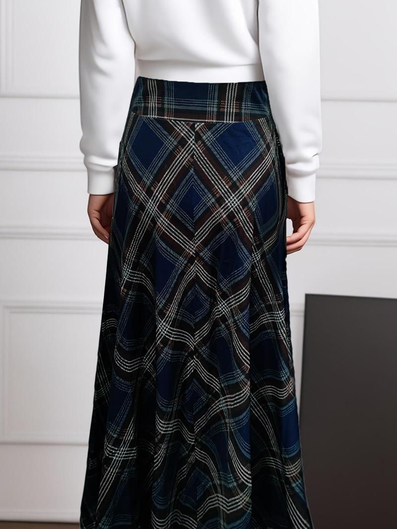 Product Introduction of Women's Plaid Print Pocket High Waist Skirt, Casual Fashion Long Skirt for Daily Outdoor Wear, Women's Bottoms for Spring & Fall 2